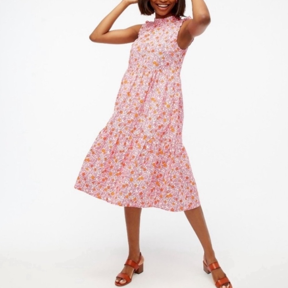 J Crew Tier Dress Midi Organic Cotton /Spandex Floral Print Pockets - Size 6P